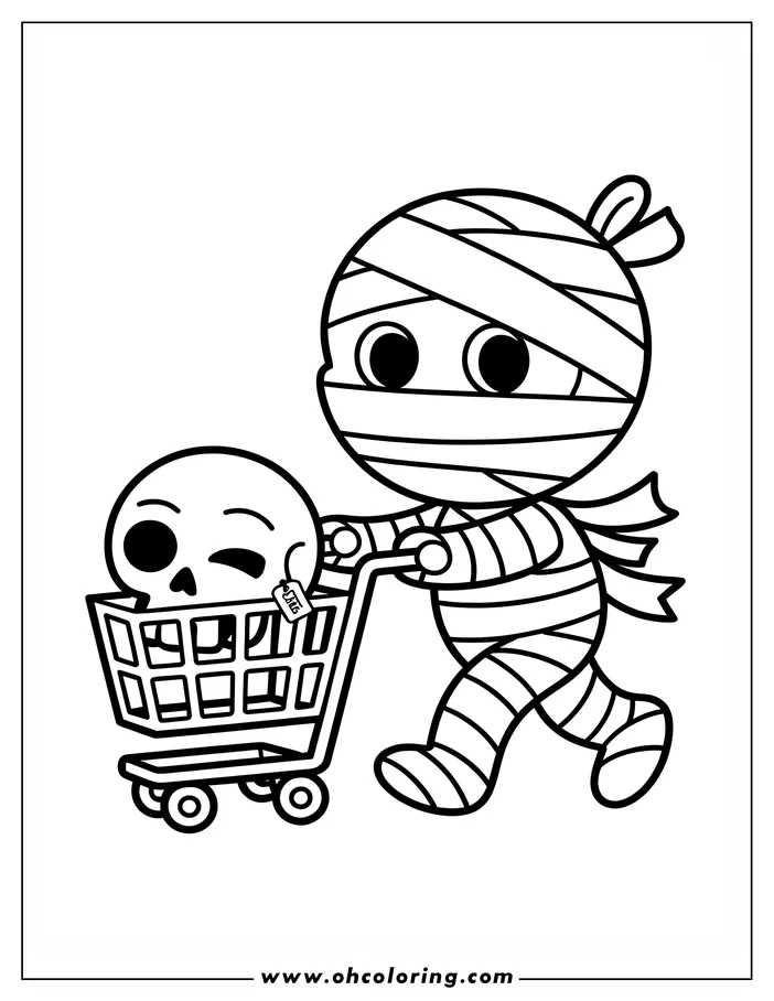 Line art of a cartoon mummy pushing a shopping cart. The mummy, wrapped in bandages, walks with a shopping cart containing a skull. This is a drawing for coloring.
