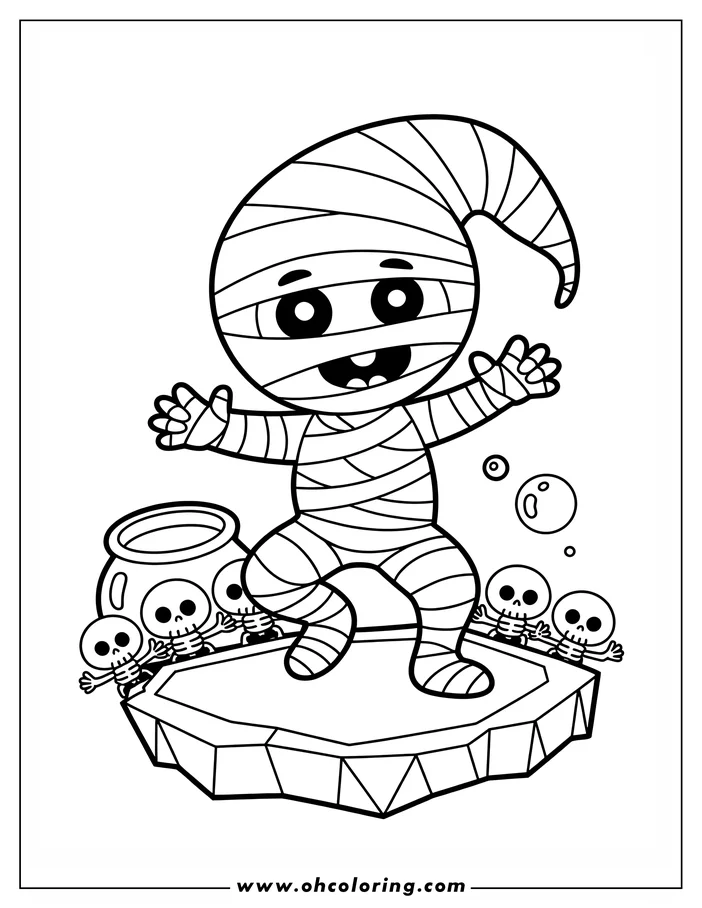 Line art of a cartoon mummy standing on a platform.  Tiny skeletons are positioned near the mummy's feet, some in a cauldron and others on the platform's edge.  A few small bubbles float near the mummy. This is a design for a coloring sheet.