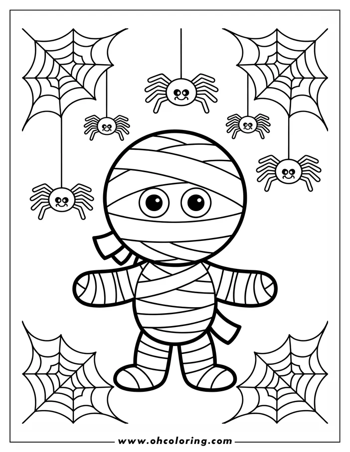 Line art of a cartoon mummy surrounded by spiders and spiderwebs. The mummy is wrapped in bandages and has large, friendly eyes. This simple design is a perfect coloring sheet for Halloween or any time.