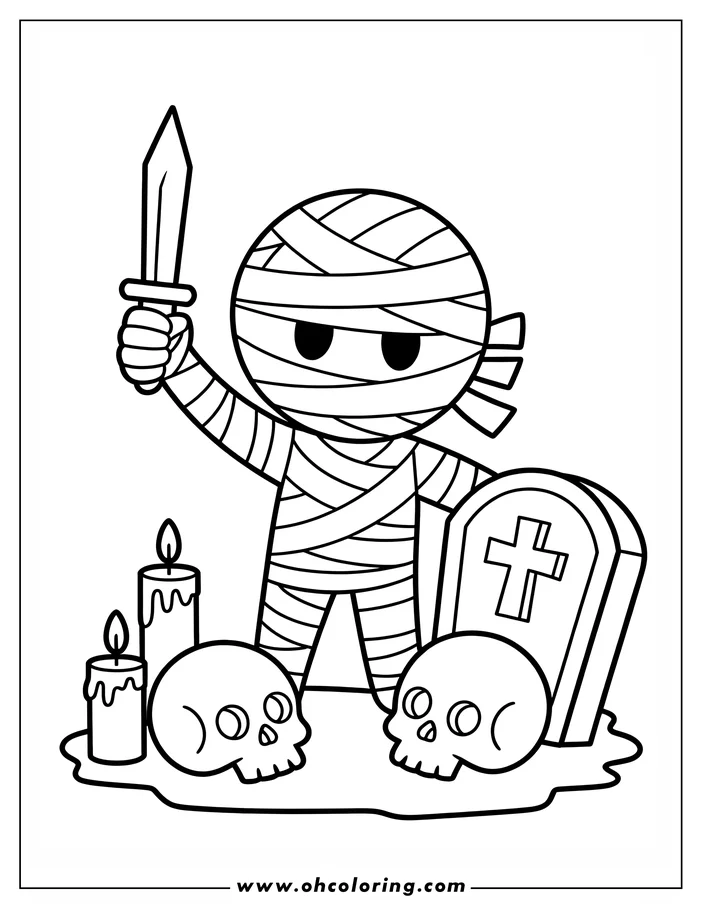 Line art of a Halloween mummy holding a sword. Two skulls, candles, and a tombstone are also present. This is a printable coloring page design.