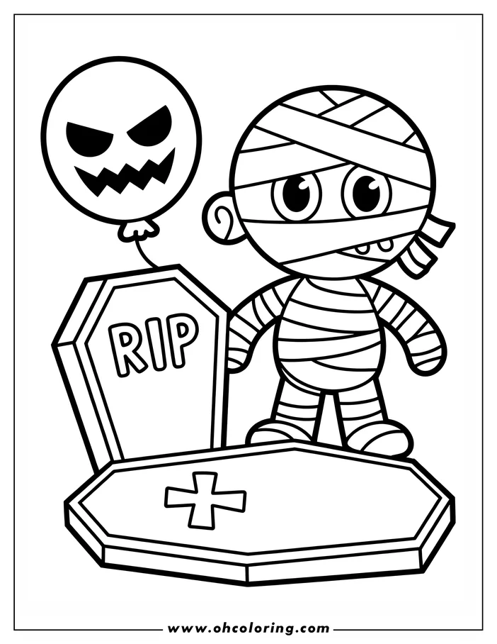 Line art of a cartoon mummy standing by a tombstone and coffin, with a spooky balloon overhead. The mummy is wrapped in bandages and has big, friendly eyes. This coloring sheet design is perfect for Halloween.
