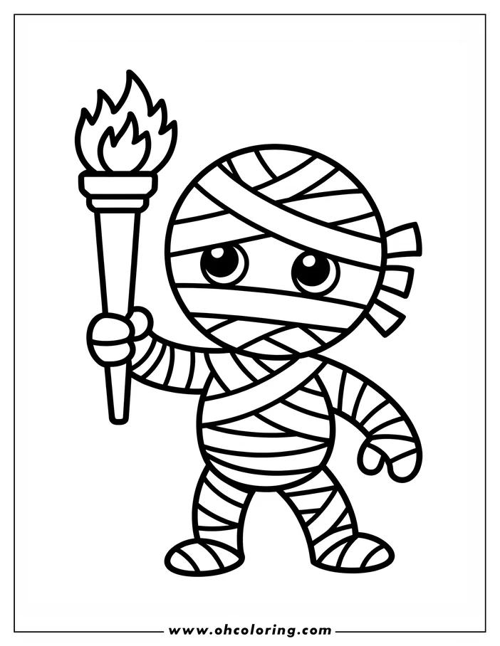 Line art of a cartoon mummy holding a flaming torch. The mummy is wrapped in bandages and has large, simple eyes. This is a coloring sheet design.