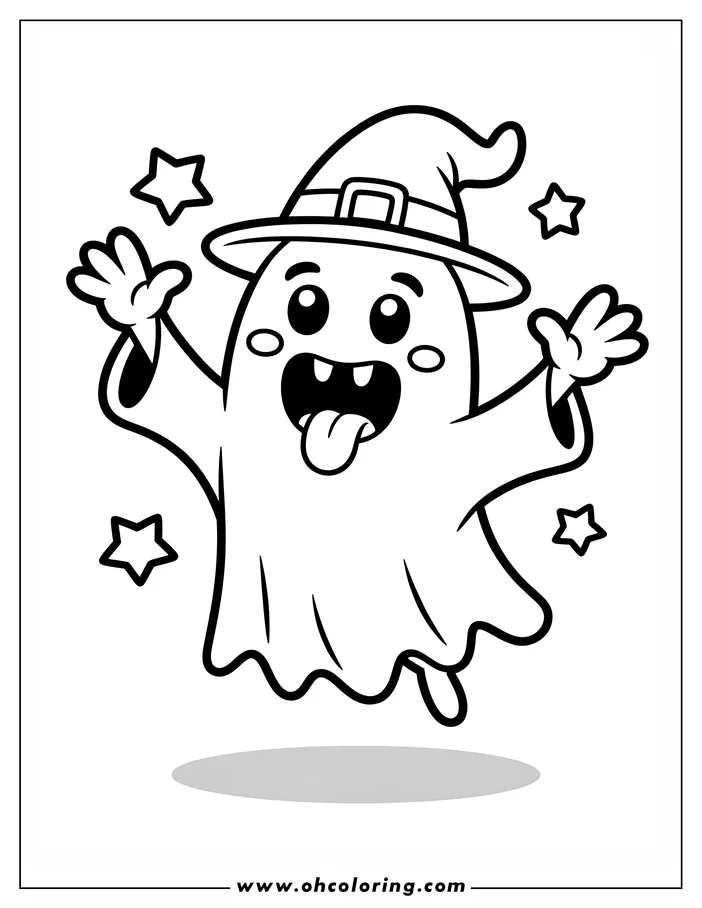 A playful cartoon ghost coloring sheet design. The ghost floats, wearing a witch's hat and sticking its tongue out. Stars are scattered around the friendly ghost, making it ideal for Halloween coloring.