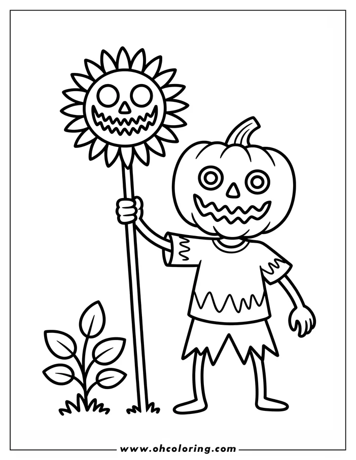 Whimsical line art of a pumpkin ghost holding a skull-faced sunflower, with a small plant beside it, designed as a Halloween coloring sheet.