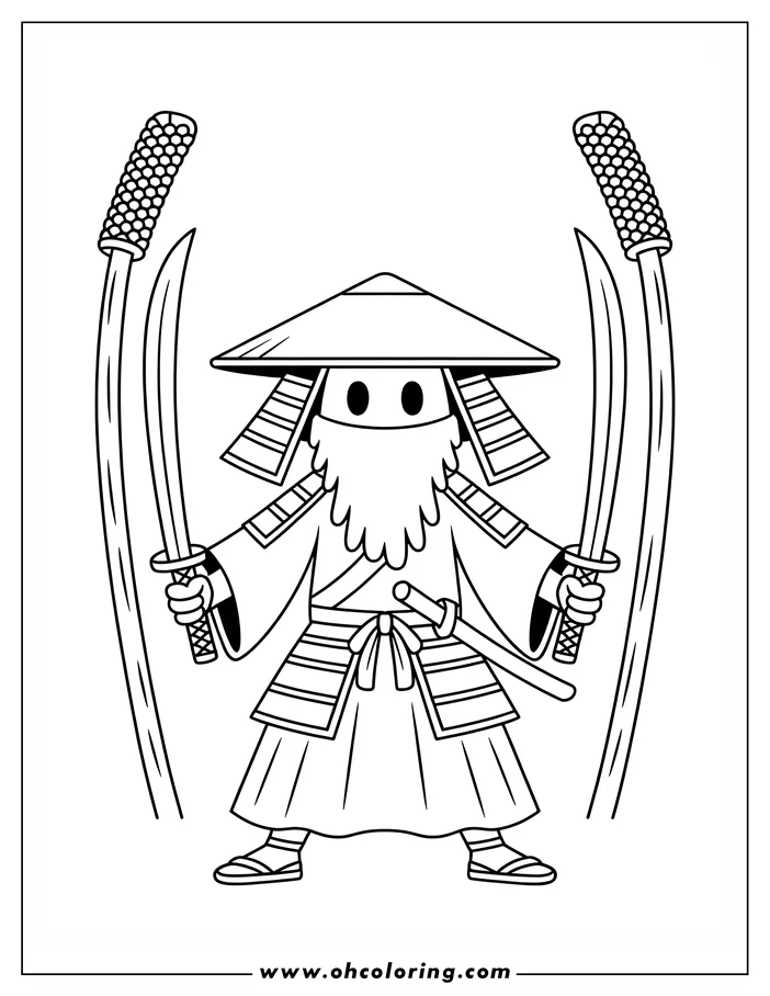 Line art of a samurai, wearing a conical hat and robe, holding two swords.  A sheathed sword hangs from their waist. This is a simple drawing for coloring.
