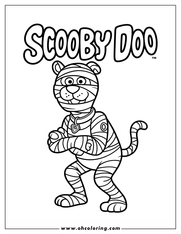 Line art of Scooby-Doo dressed as a mummy.  He's wrapped in bandages and wearing his collar with "SD" tag. This Scooby-Doo coloring sheet design captures his friendly expression, perfect for coloring.