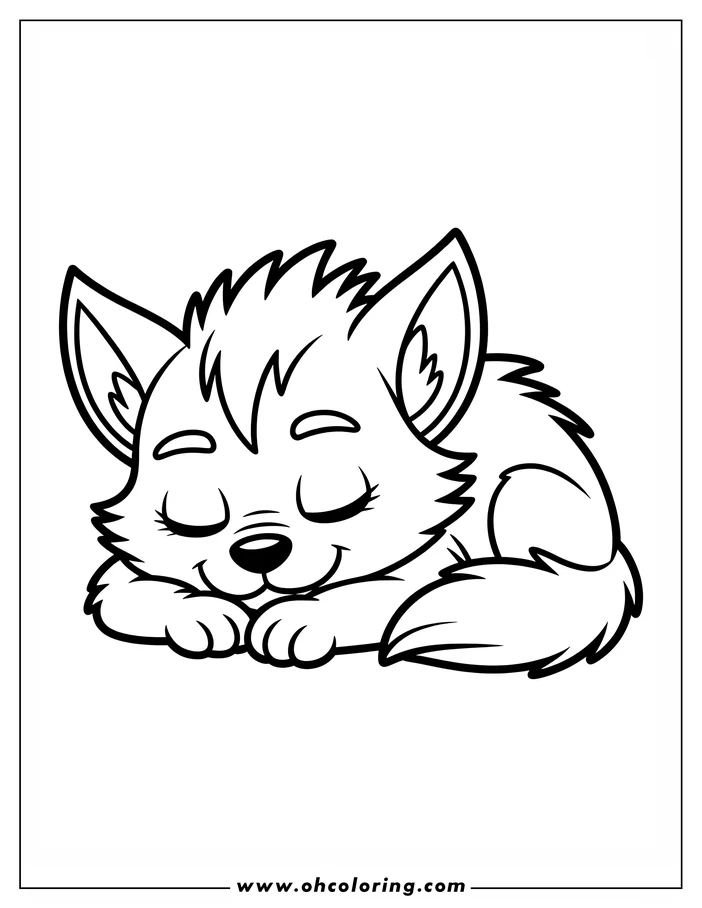 Simple, cartoon-style line art of a sleeping werewolf pup, designed as a coloring sheet. The pup's eyes are closed, paws tucked under its chin, and it has a peaceful expression.