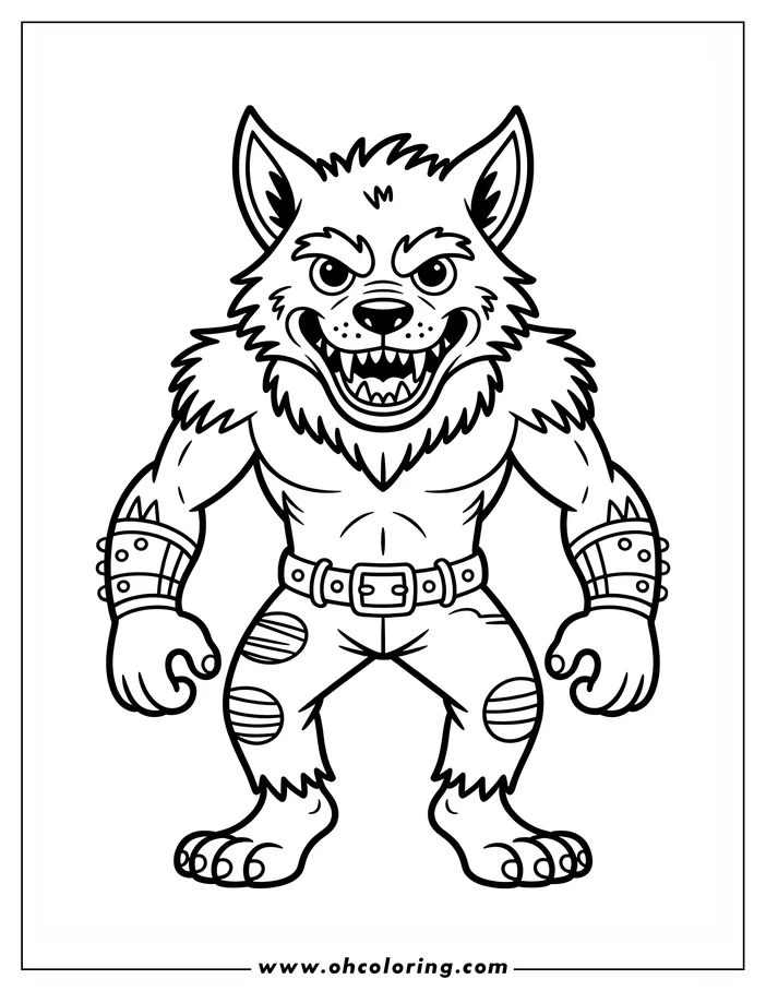 Line art of a snarling werewolf. The werewolf is a large, muscular creature with thick fur, pointed ears, and sharp teeth. It stands with its legs apart and hands curled, wearing ripped pants and studded accessories. This detailed drawing is a coloring sheet design, perfect for fans of monster and fantasy creatures.