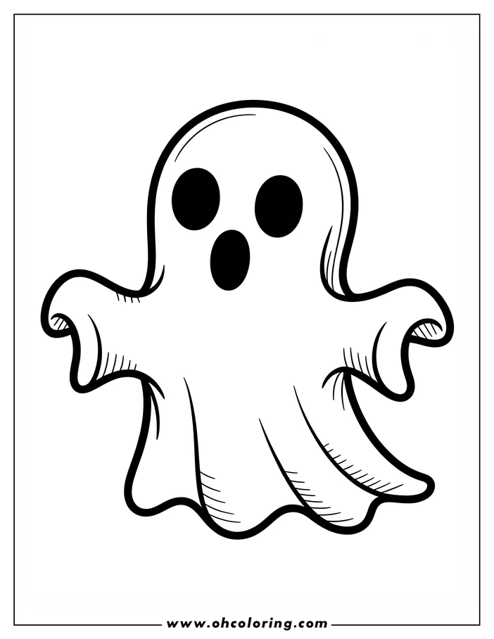 Line art of a simple, cartoon ghost with a round head, wide-open mouth as if booing, and outstretched arms. This drawing is designed as a coloring sheet.