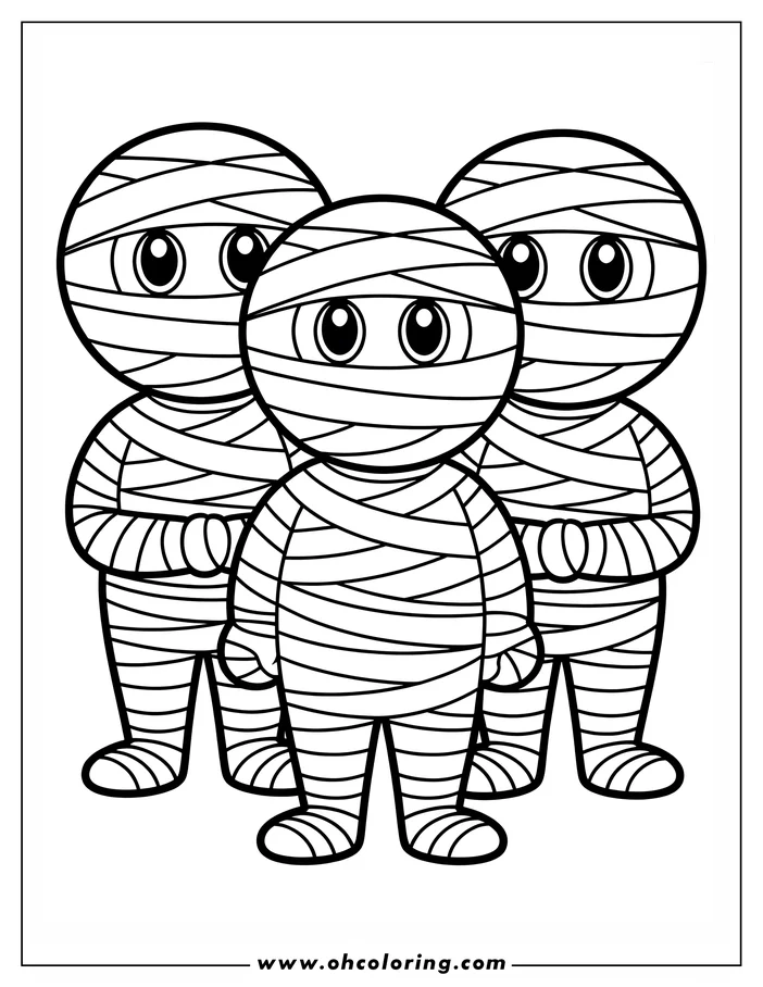 Simple line art drawing of three mummies standing side-by-side.  Each mummy has large, round eyes peeking out from their bandages. This is a coloring sheet design, perfect for a Halloween activity.