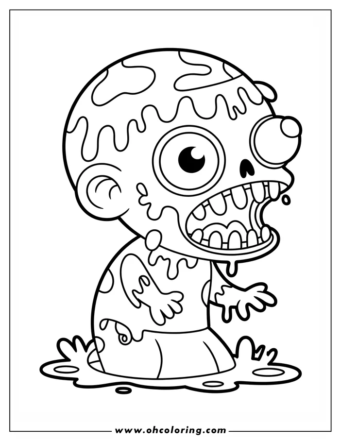 Line art of a cartoon zombie, dripping with goo, walking with outstretched arms. Its large eye is wide and its mouth hangs open in a classic undead expression. This drawing is a printable coloring sheet design, perfect for Halloween.