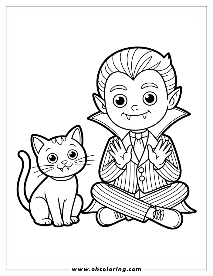 Line art of a vampire and a cat. The vampire, dressed in a pinstripe suit and cape, sits cross-legged with his hands raised. A cat with a collar sits next to him. This is a coloring sheet design.