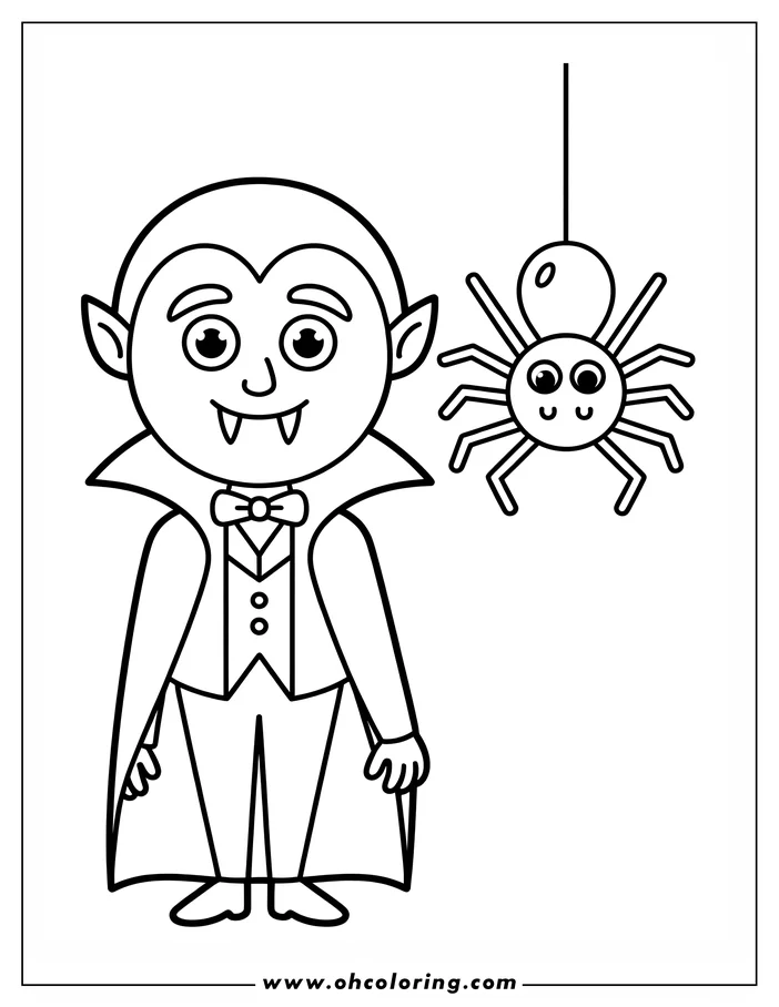 Line art of a vampire and a spider. The vampire wears a cape and a bow tie, and has small fangs. The spider hangs from a thread. This is a simple drawing designed as a coloring sheet.