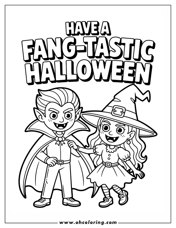 Line art of a vampire and a witch standing side by side. The vampire wears a cape and the witch wears a pointed hat. Both are dressed in costumes and have fangs. This is a Halloween-themed coloring page.