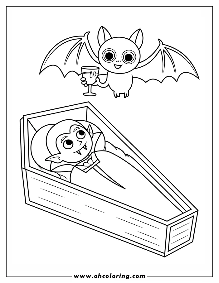 Line art of a vampire resting in a coffin while a friendly bat offers him a drink. This Halloween-themed coloring page features spooky yet cute characters, ideal for creative coloring fun.