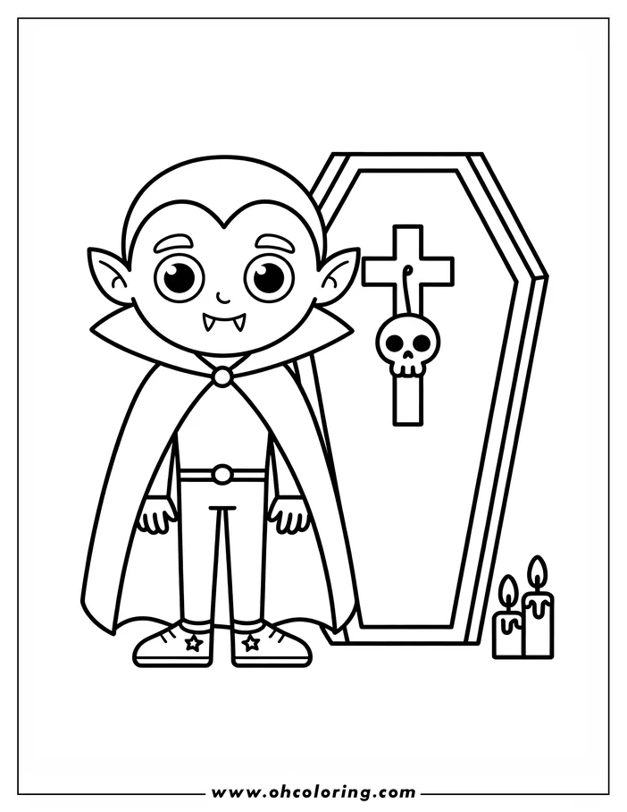 Line art of a vampire coloring page.  A young vampire, wearing a cape and simple clothes, stands next to a coffin with a skull and crossbones. Two candles rest on the ground at the foot of the coffin. This drawing is ready for coloring.