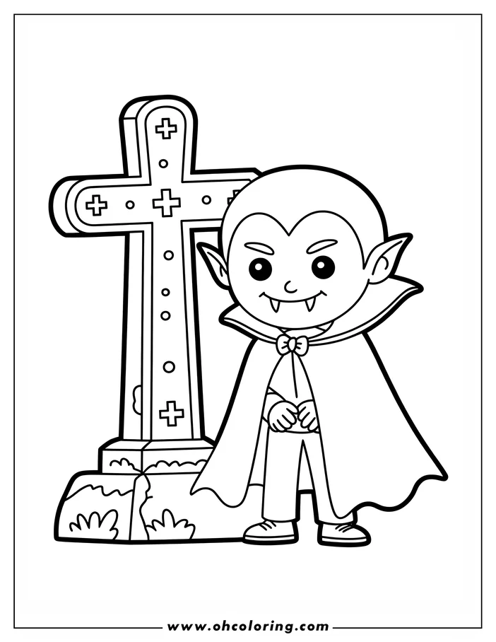 Line art of a friendly cartoon vampire standing near a gravestone with a cross, designed as a coloring sheet.  The vampire wears a cape and bow tie and has small fangs.  Patches of grass are visible around the base of the gravestone.