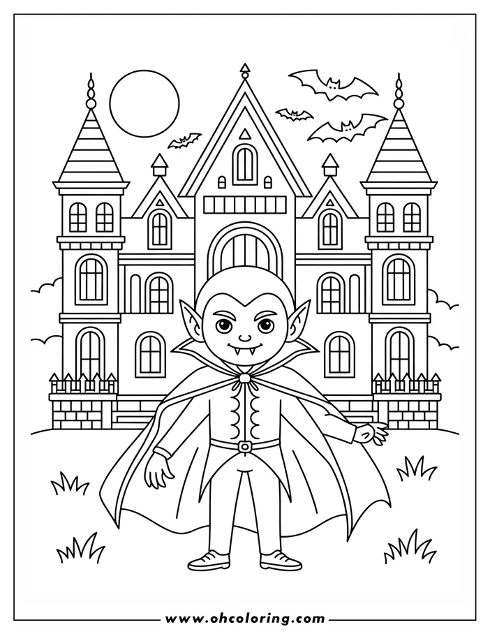 Line art of a friendly vampire child standing before a haunted house under a full moon and bats. This is a simple drawing for a coloring sheet.