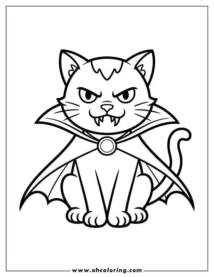 Line art of a cat dressed as a vampire, featuring a cape with bat wings and a menacing expression. This Halloween-themed coloring sheet is ready to be brought to life with color.