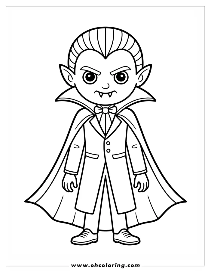Line art of a cartoon vampire, ready for coloring. The vampire wears a cape and a jacket with a bow tie.  He has slicked-back hair, pointed ears, and small fangs.