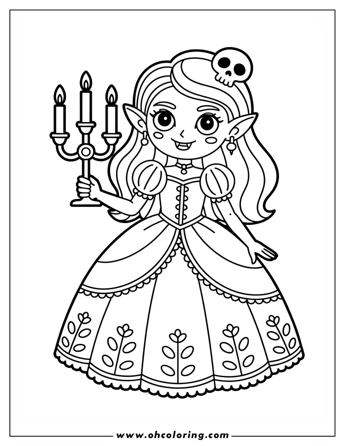 Line art of a vampire girl holding a candelabra. She wears a long gown with floral designs and has a small skull in her hair. This is a coloring sheet design.