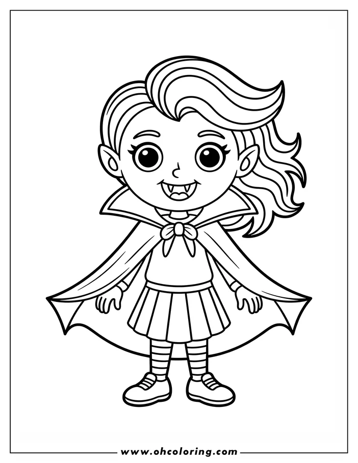 Line art of a vampire girl wearing a cape, ready for coloring. She has pointed ears, fangs, and wavy hair, and wears a skirt and striped stockings. This simple, cartoon-style illustration is perfect for a Halloween coloring activity.