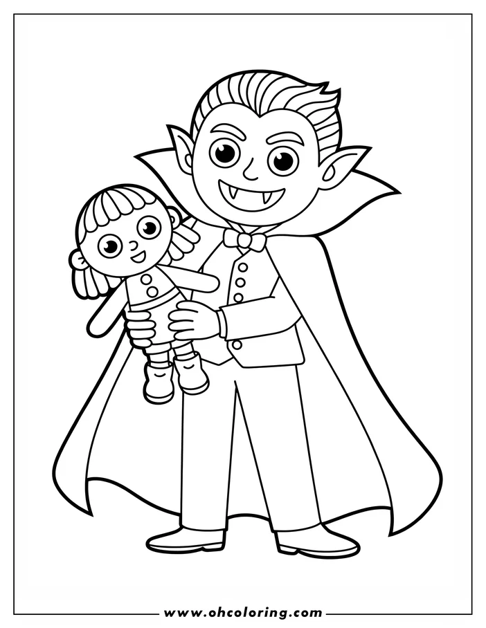 Line art of a vampire holding a doll. The vampire wears a cape and a bow tie, while the doll wears a simple dress and shoes. This is a coloring sheet design perfect for Halloween.