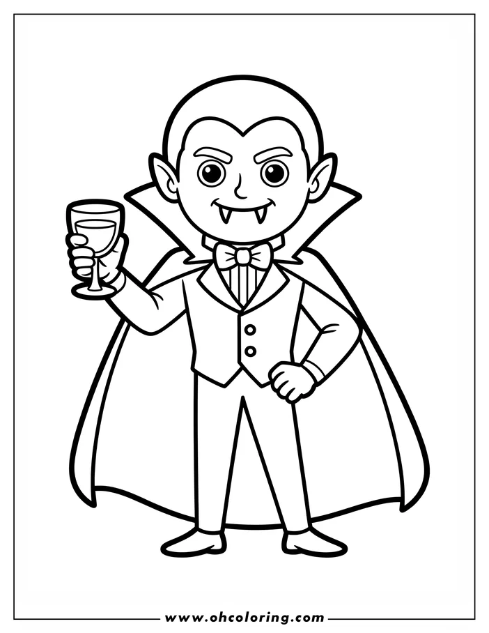 Line art of a friendly cartoon vampire holding a glass. He's wearing a suit, bow tie, and cape, with small fangs. This is a coloring sheet design.