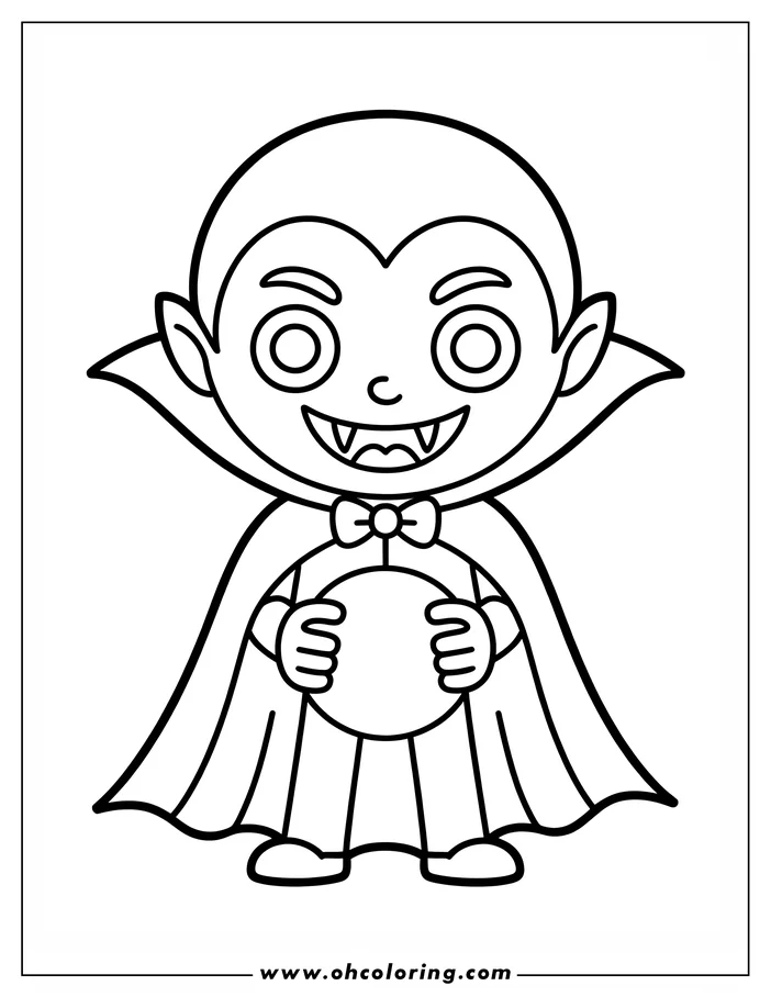 Line art of a vampire holding a large orb. The vampire, with prominent fangs and a bow tie, wears a cape. This simple drawing is designed as a coloring sheet.