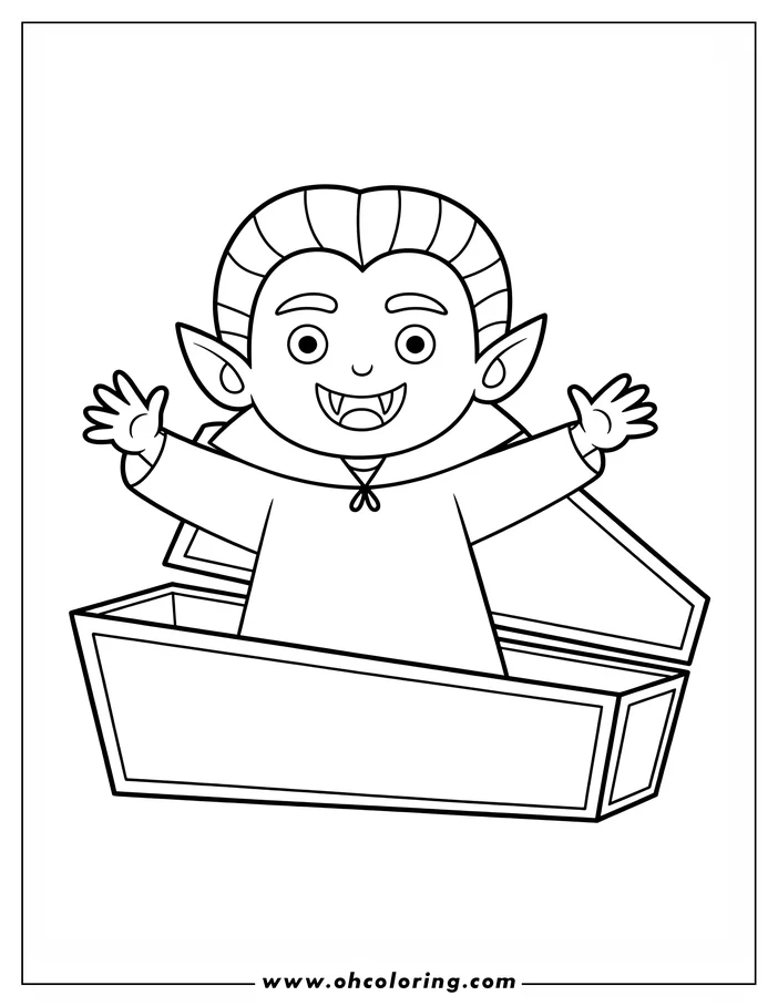 Line art of a cartoon vampire in a coffin. The vampire has a cape, spiky hair, pointed ears, and two fangs. The image is a coloring sheet design.