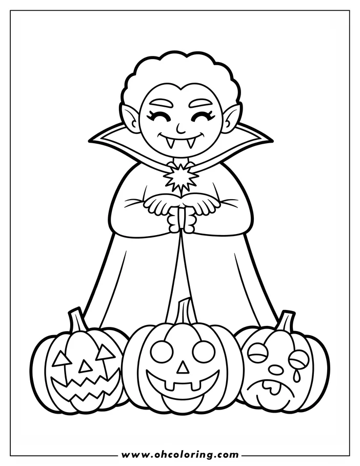 Line art of a cartoon vampire, wearing a cape with a star pendant, standing behind three carved pumpkins with various facial expressions. This simple, spooky design is perfect for a Halloween-themed coloring activity.