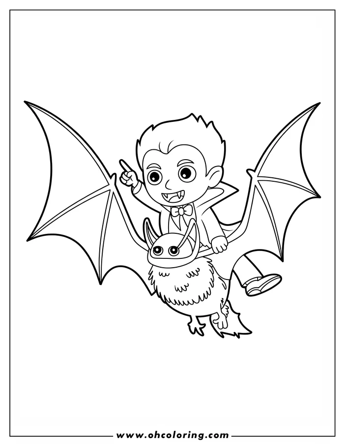 Line art of a vampire riding a bat. The vampire, wearing a cape and bow tie, points ahead as he sits atop the furry bat. This is a coloring sheet design.