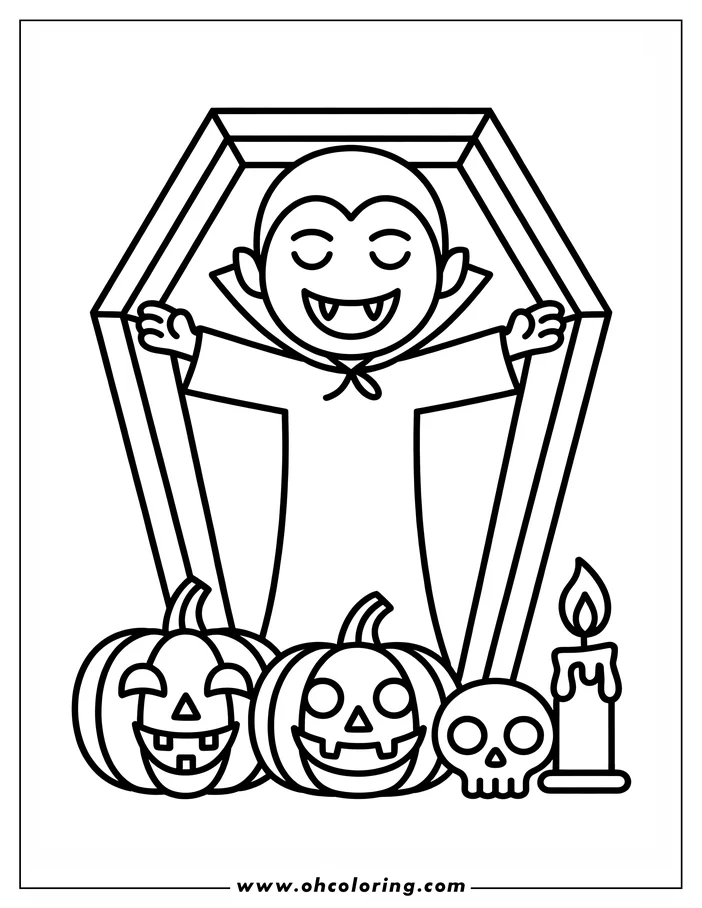 Line art of a cartoon vampire emerging from his coffin. He has small fangs and wears a cape. Two jack-o'-lanterns, a skull, and a lit candle are arranged in front of the coffin. This drawing is designed as a coloring page.