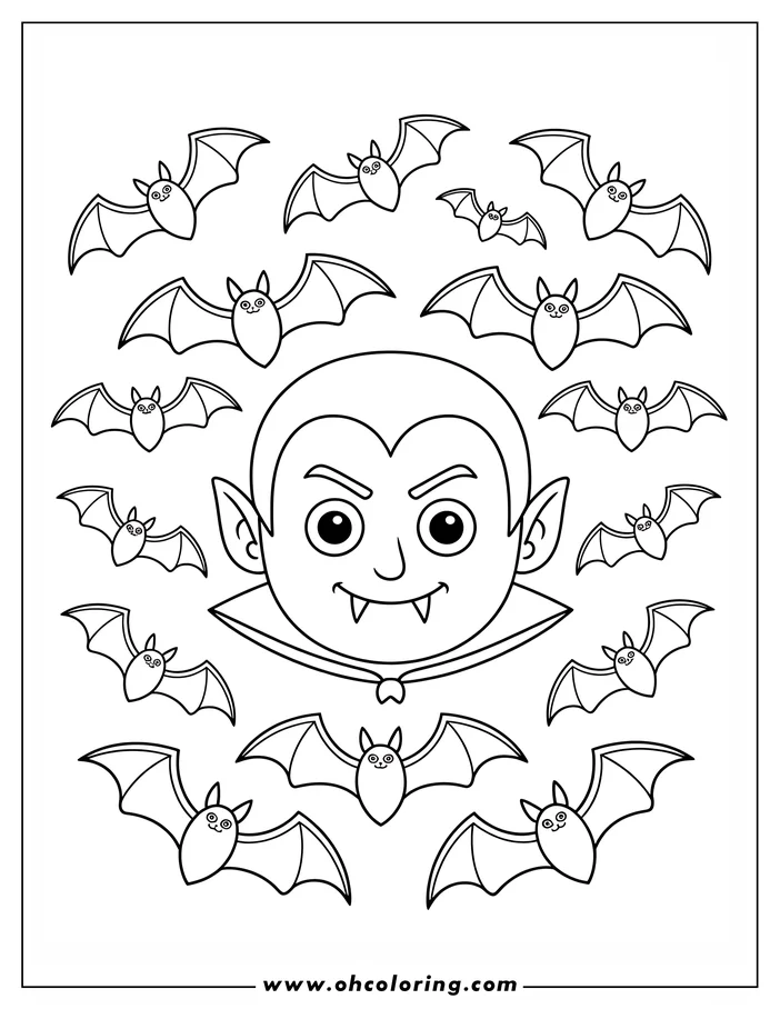 Coloring sheet design of a cartoon vampire surrounded by a swarm of bats. The vampire, with pointed ears and a bat-like collar, is the central figure, encircled by numerous smaller bats.  This simple line art is perfect for a Halloween coloring activity.