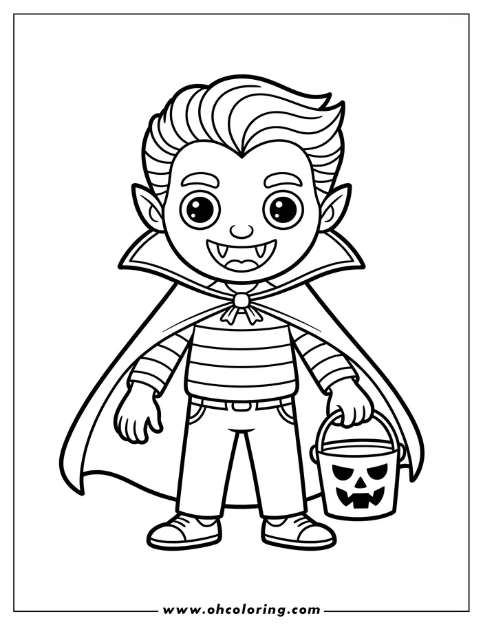 Line art of a cartoon vampire, ready for coloring. He wears a cape, a striped shirt, and carries a jack-o'-lantern bucket.  Perfect for Halloween coloring activities.