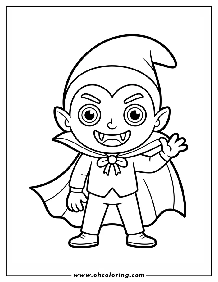 Line art of a friendly cartoon vampire waving. The vampire wears a cape and a bow tie and has small fangs. This is a drawing designed for a coloring sheet.