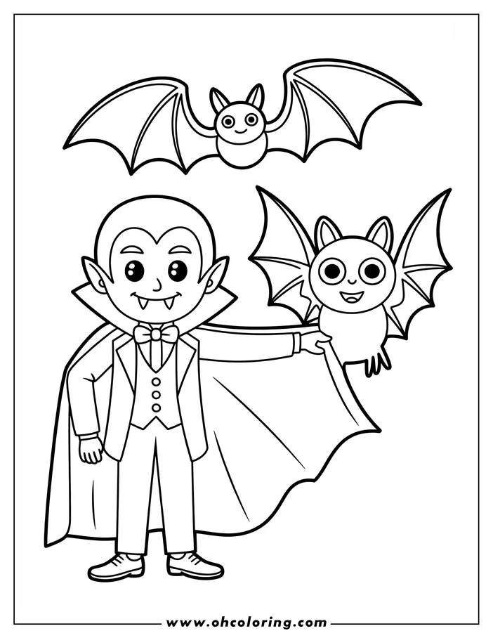 Line art of a friendly cartoon vampire holding a small bat, with another bat flying above. This simple drawing for coloring features the vampire wearing a cape and a suit with a bow tie, and has small fangs, designed for a Halloween coloring sheet.