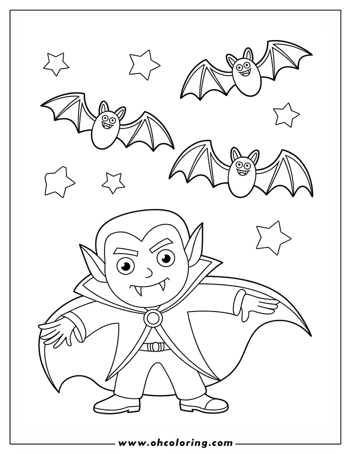 Line art of a friendly cartoon vampire with a wide cape, small fangs, and a medallion, surrounded by three smiling bats and stars, designed for coloring.