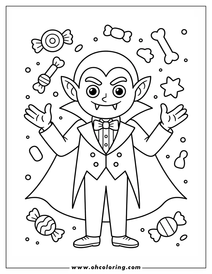 Line art of a friendly cartoon vampire wearing a cape and suit. He's surrounded by candy, a bone, and a star. This simple drawing presents the vampire with outstretched arms in a playful pose, ready for coloring.