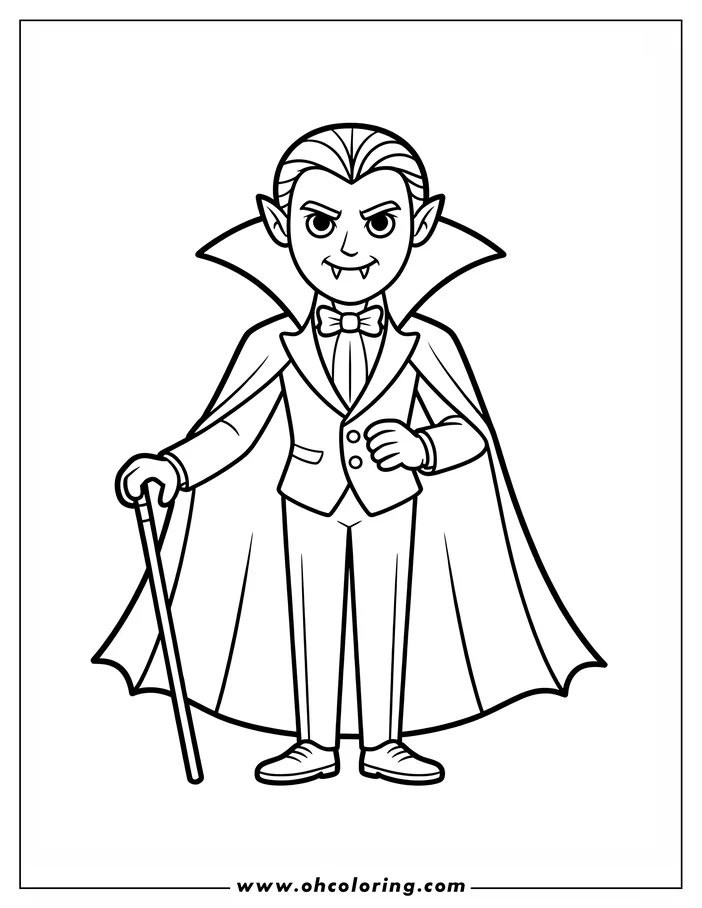 Line art of a vampire, wearing a suit and cape, holding a cane. This is a simple drawing, designed as a coloring sheet.