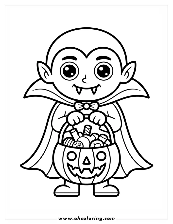 Line art of a cartoon vampire holding a pumpkin basket filled with treats. The vampire wears a cape, has pointed ears, and large, expressive eyes, with a friendly expression. This is a simple drawing designed for a coloring sheet, perfect for Halloween activities.
