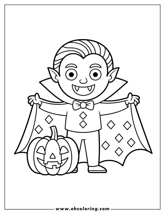 Line art of a cartoon vampire for a coloring page. The vampire wears a cape with diamond shapes and stands next to a carved pumpkin. He has fangs and a bow tie, adding to the Halloween theme.