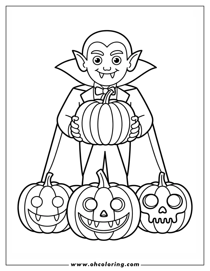 Line art of a vampire holding a pumpkin, with three carved pumpkins at his feet. This simple, cartoonish design makes a fun and spooky Halloween coloring sheet.