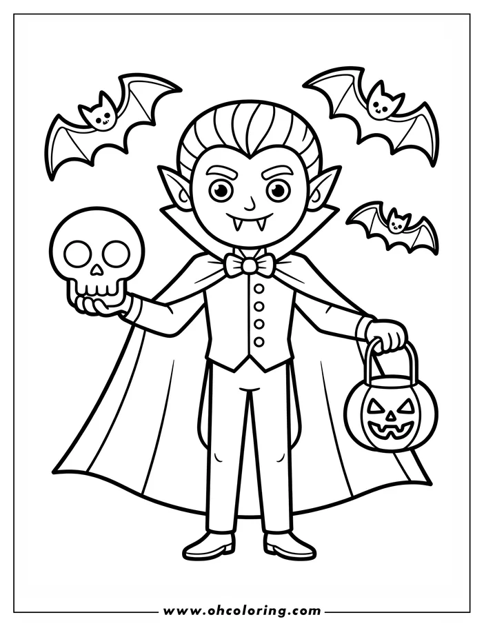 Line art of a vampire holding a skull and a pumpkin basket, with three bats flying around him. This coloring sheet design features the vampire in a cape, bow tie, buttoned shirt, and formal pants, perfect for Halloween-themed coloring.
