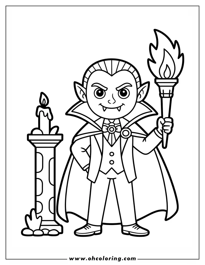 Line art of a vampire holding a torch. He wears a cape and a suit. Beside him is a candle on a stand. This is a coloring sheet design.