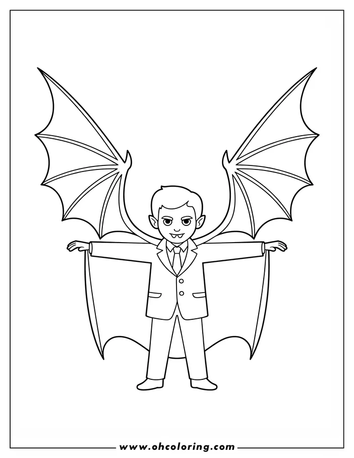 Line art of a vampire wearing a suit and displaying large, outstretched bat wings, designed as a coloring page.