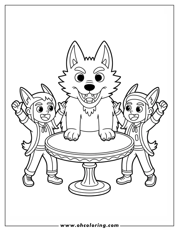 Line art of a werewolf and two children with wolf ears and tails standing on a round table. The werewolf and children appear playful and happy. This is a coloring sheet design.