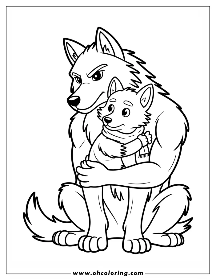 Line art of a large werewolf holding a small werewolf cub. The adult werewolf has a serious expression and thick fur, while the cub wears a scarf. This is a design for a coloring sheet.