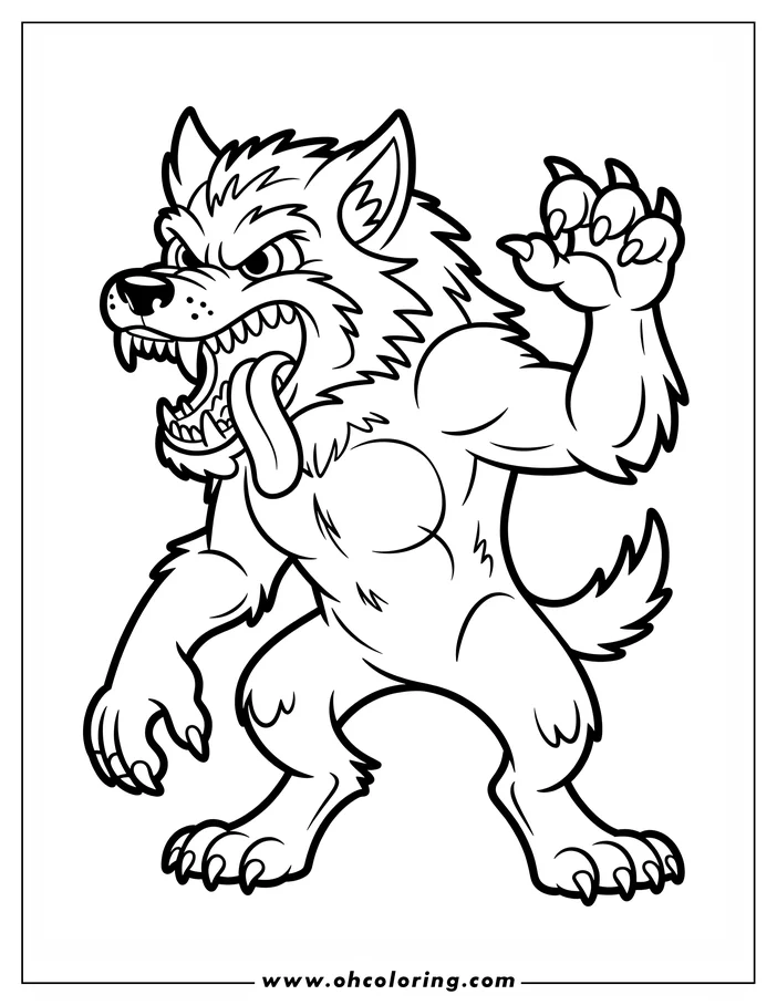 Line art of a menacing werewolf with claws outstretched and mouth open in a snarl. Its thick, bristly fur and powerful muscles are clearly defined in this coloring sheet design, ready for adding color.