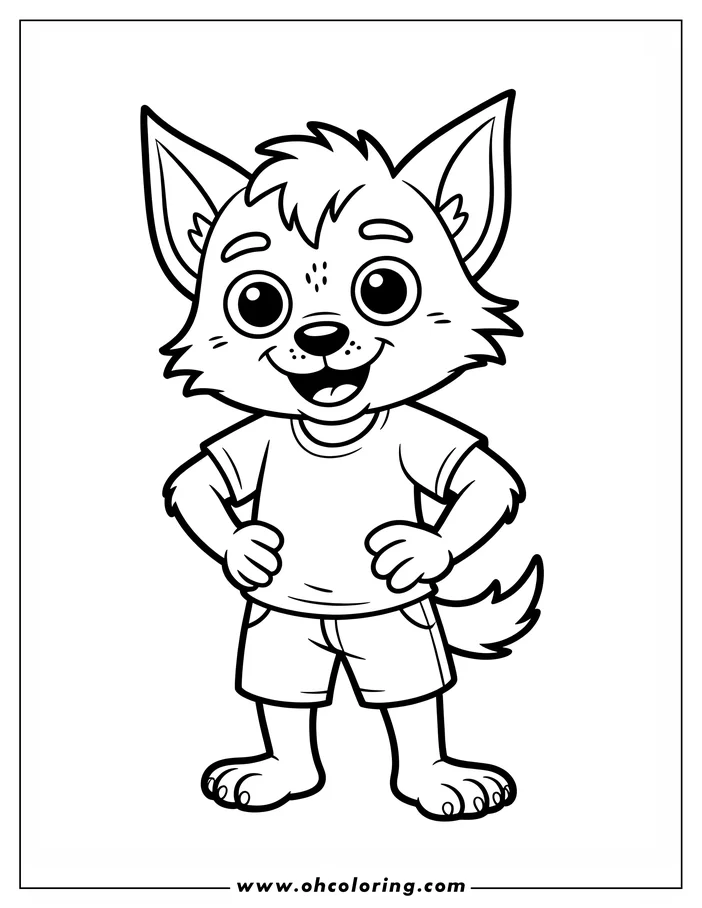 Line art of a friendly cartoon werewolf wearing a t-shirt and shorts, perfect for a coloring page activity.